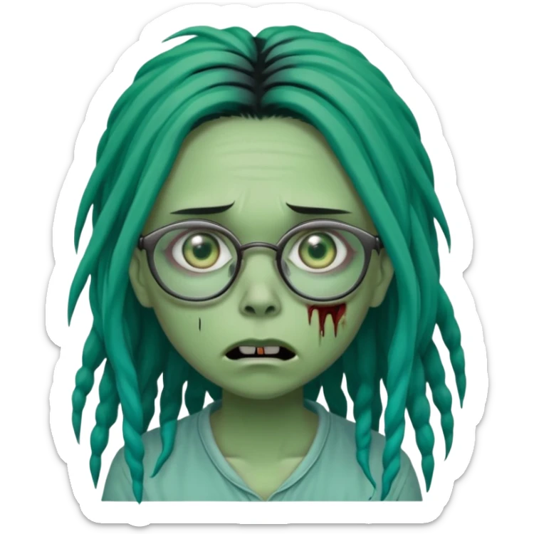 One young female green-skinned, zombie with glasses, with ombre black roots & teal tips long dreadlocks and a worried expression with a small wound near its mouth. sticker
