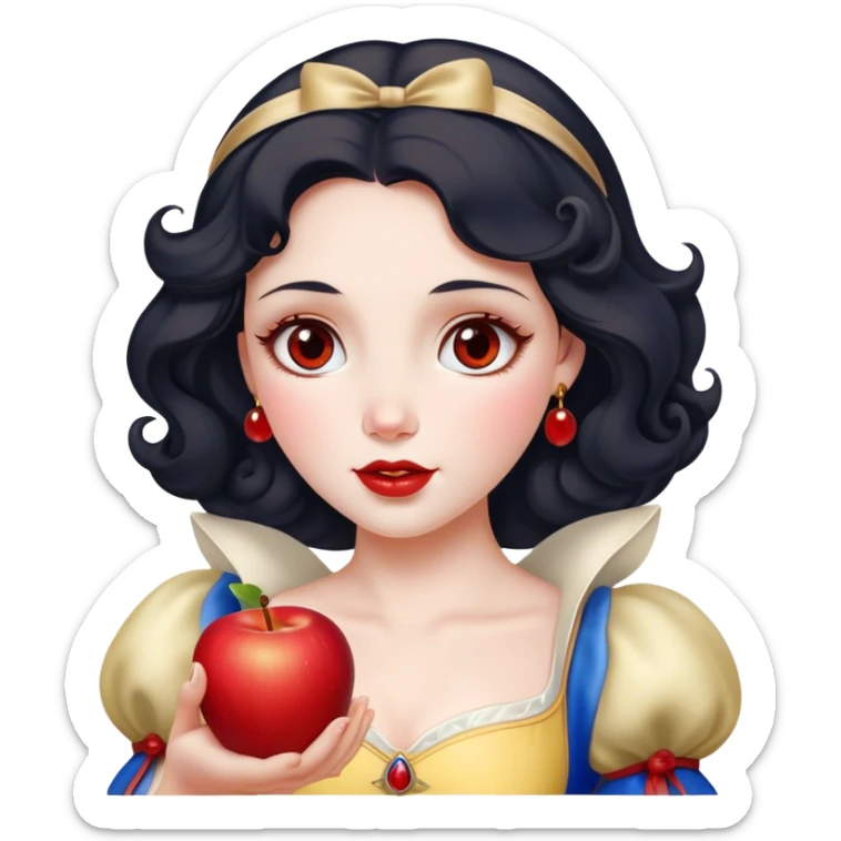 Cinematic Elegant Snow White Portrait Emoji, Delicately holding a red apple, eyes glimmering with mystery, soft curls perfectly placed, her royal presence glowing with a warm, enchanting charm! sticker