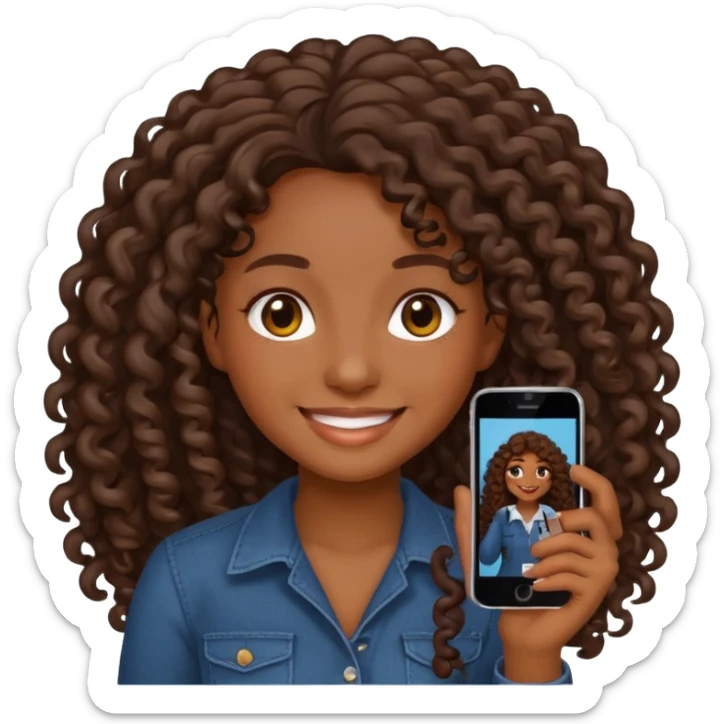 sticker style iPhone emoji of a friendly dark-skinned girl with long curly hair, transparent background sticker