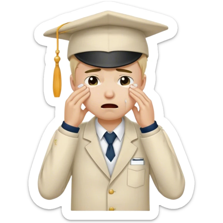 Create an emoji of a student with white skin tone crying. He is wearing a university uniform, including a shirt and pants and hat. The man is visibly upset, with tears streaming down his face, and he is wiping his eyes with his hand. The background should be simple to emphasize his emotional state, conveying the feeling of being overwhelmed with school stress or personal struggles sticker