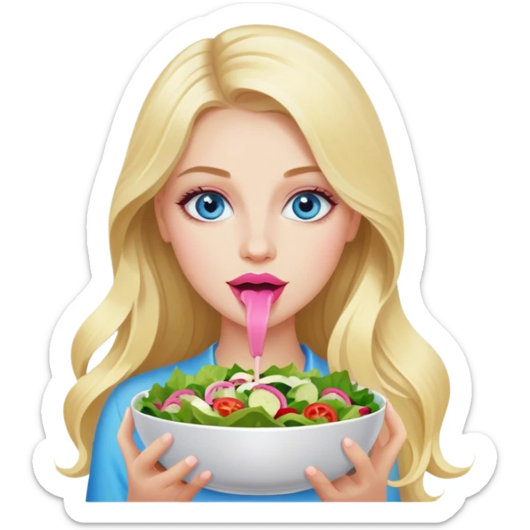 Cinematic realistic blonde with long hair, blue eyes and pink lips eats salad sticker