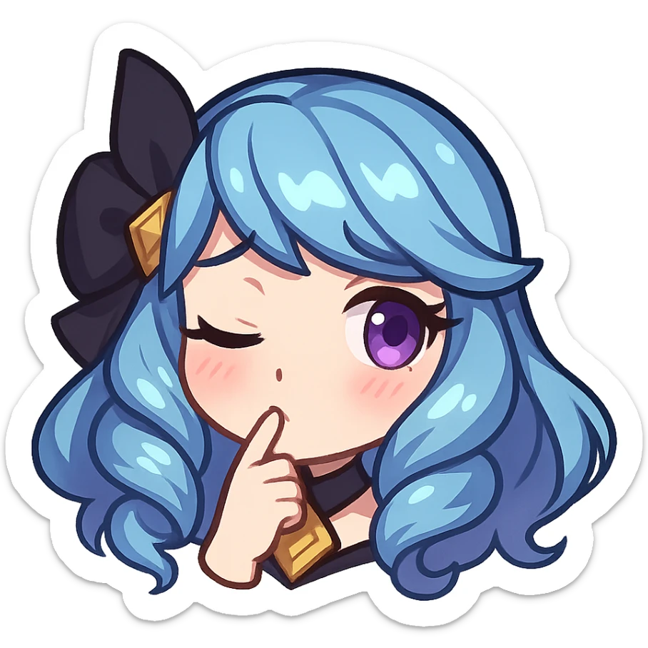 Gwen from League of Legends, chibi emote style, only head visible, right eye purple, shy expression, soft lighting, cute and expressive sticker