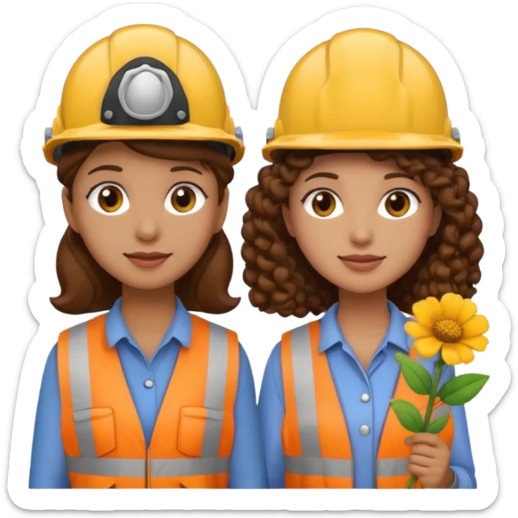 boyfriend and girlfriend couple emoji, both with brown hair, girl with curly hair, both wearing construction helmets and flats, girl holding a flower sticker