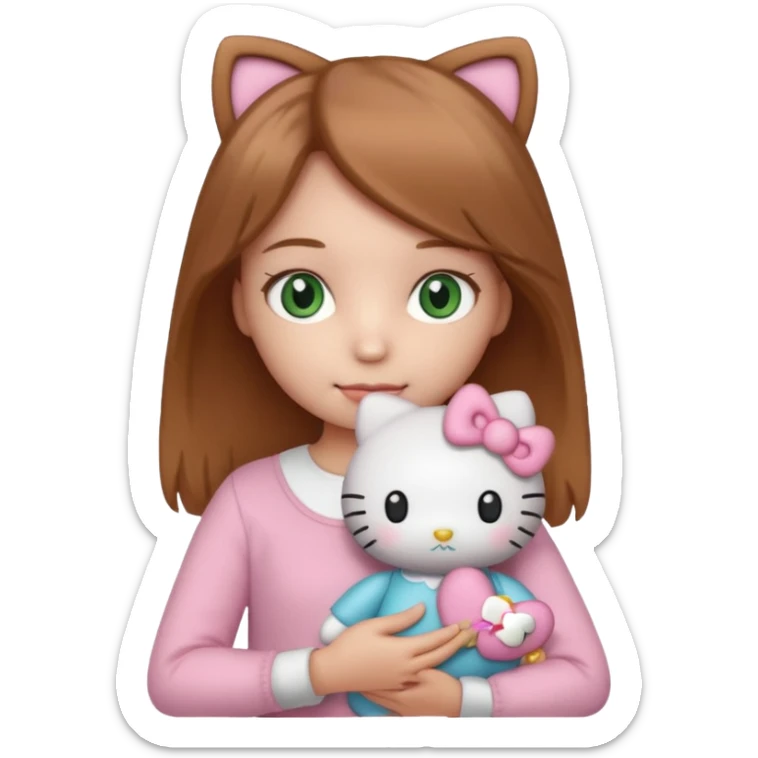Girl with natural green eyes and light brown hair and she have a hello kitty doll with her hand sticker