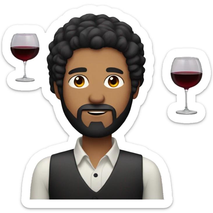 A man with black eyes and black hair and beard with glass with red wine sticker