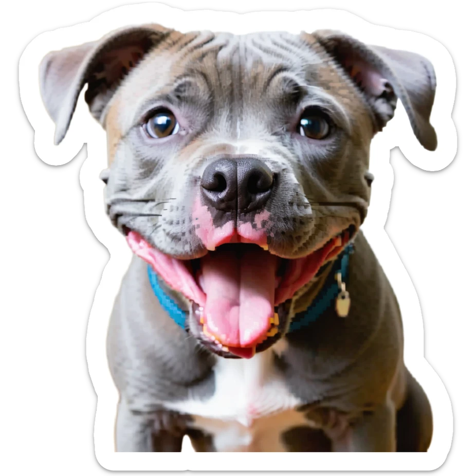 round circle puppy head full grey bleu staffy, big open mouth, big tongue out, stupid expression sticker