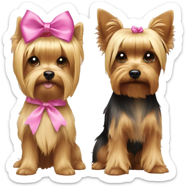 A yorkie with pink ribbon on her head, and a blonde haired girl  sticker