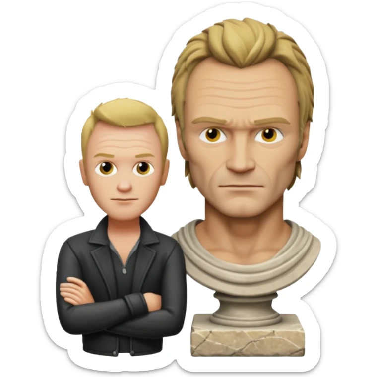 Cinematic realistic ultra HD - Musician Sting stands in front of an antique stone sculpture sticker