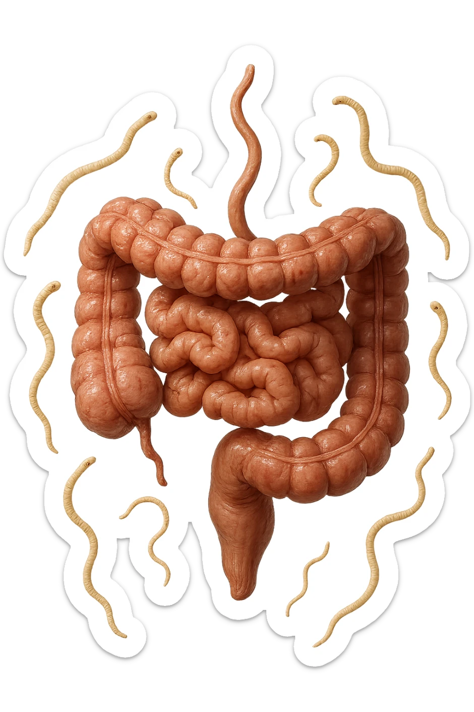 INTESTINO UMANO ANATOMICO REALISTICO FLUTTUA IN ARIA INSIEME A PARASSITI COME LA TENIA, SFONDO CHIARO, iperrealistico 4k sticker