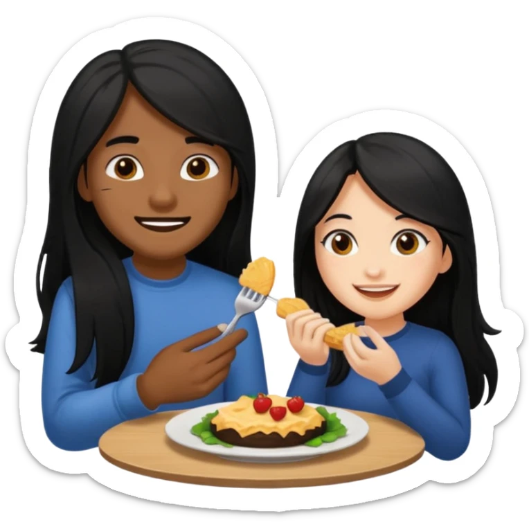 Fair skin woman with long black hair with her Brown skin ned boyfriend with his fine cut blacked hair eating together . Sticker sticker