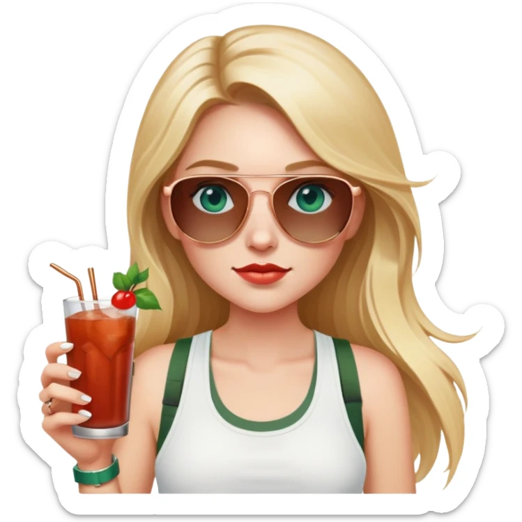 girl with long blond hair
with blue eyes
and aviator sunglasses
wearing white tank top 
holding bloody mary
wearing (rose gold apple watch with forest green band) sticker