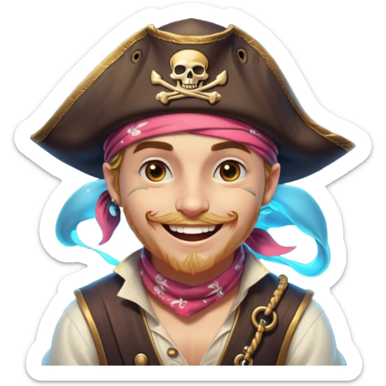 Clash of Clans aesthetic Playful Pirate Portrait Emoji, Head tilted with a roguish, cheeky grin and twinkling eyes, featuring a compact, spirited build with a jaunty hat and a quirky bandana, his natural skin tone evident, Simplified yet irresistibly charming features, highly detailed, glowing with a warm, inviting oceanic glow, high shine, spirited and lively, stylized with an air of whimsical maritime mischief, soft glowing outline, capturing the essence of a playful pirate exuding friendly rogue charm! sticker