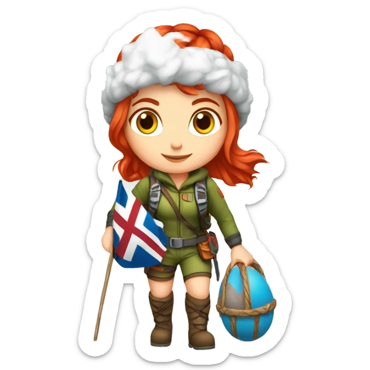 Female winter mountaineer red hair white skin climbing with Greek Flag and Easter eggs basket sticker