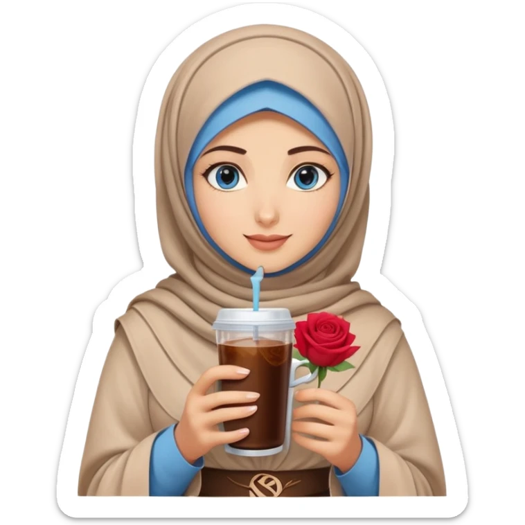 Turkish beautiful finish Konya girl blue eyes with beige hijab islamic dress and had on her hand Rose Cold brew coffee   sticker