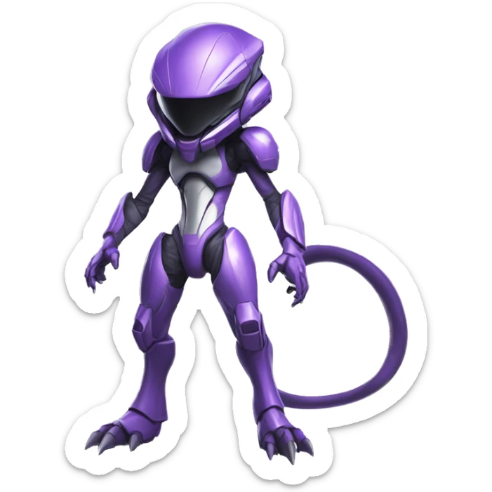 A Reptile-Raptor-Genesect-Mewtwo-Fakémon, with a futuristic visor-helmet, wearing a techwear-suit Full Body sticker