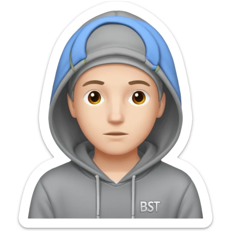 make an image of white person wearing hoodie with "BST" letters on it sticker