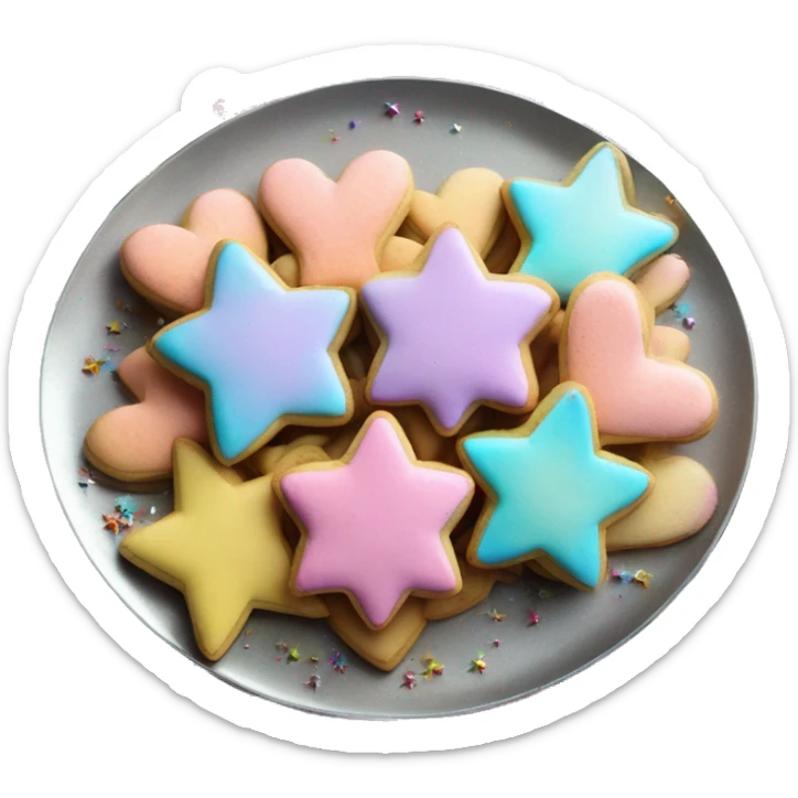 Realistic both star shaped cookies and heart shaped cookies together with pastel ombre icing and sprinkles piled up on a metallic silver plate. sticker