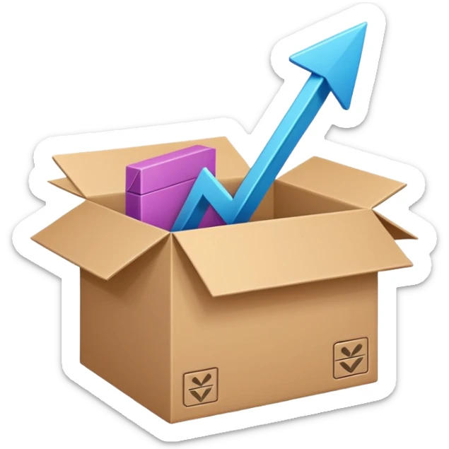 Minimal line-art icon of a shipping box with an arrow going up or a price tag, simple modern style, clean outlines, slightly 3D, no background, transparent, represents “reselling / e-commerce / flipping items” sticker