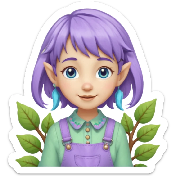 Kind happy whimsical quirky Girl toymaker, wood carving elf. Woodland nature creator. Blue eyes. Short bob, brown wavy hair with bangs. Whimsical playful cute. Overalls with nature embroidered cute shirt collar. Light green, light purple and light blue colour aesthetic  sticker