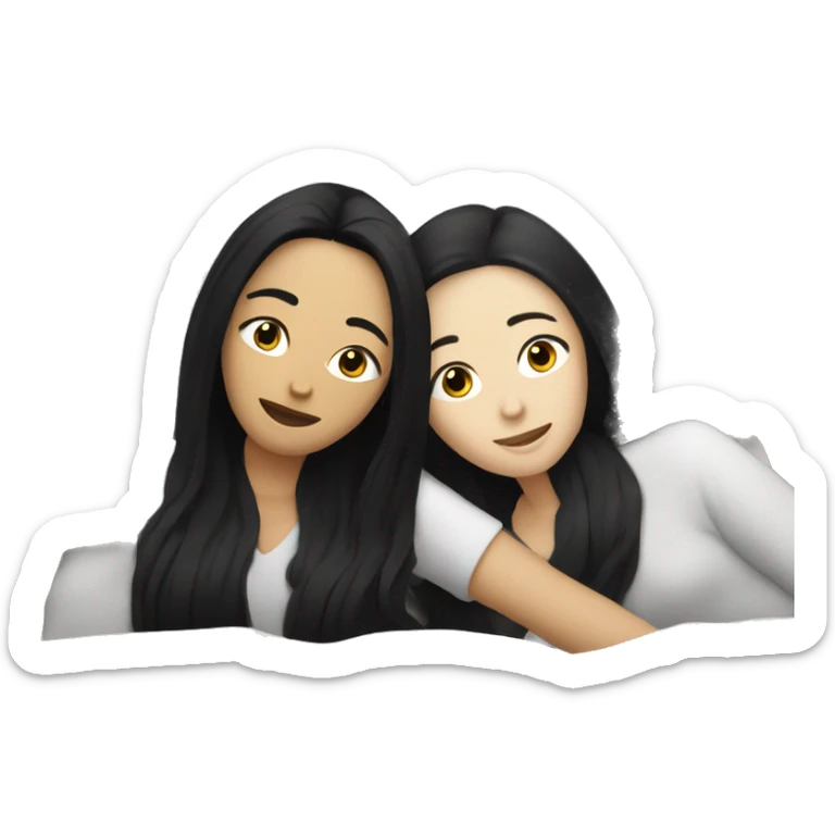 Lesbians with long black hair and white skin laying in bed together sticker