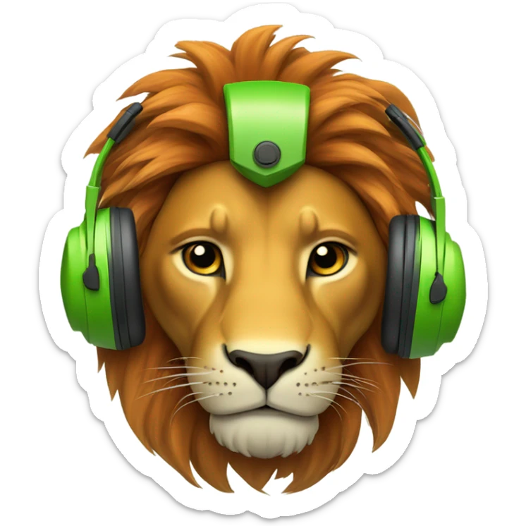 Head of a Lion wearing safety helmet with head phone looking front right in green and orange themefront  sticker