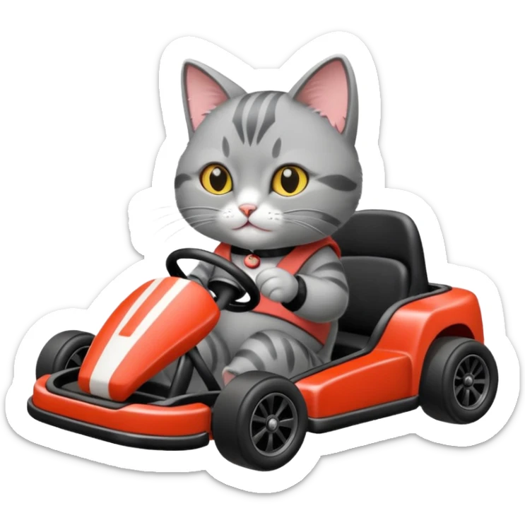 A grey cat driving a black go kart with sushi in one hand and driving with the other hand sticker