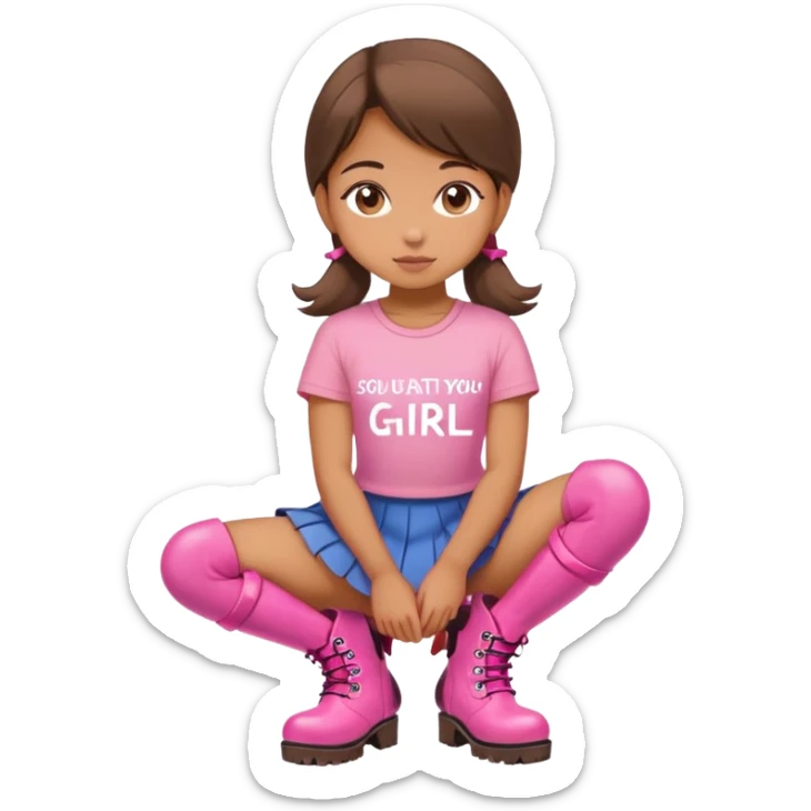  top and skirt with pink inscription “girl”  squatting in pink boots sticker