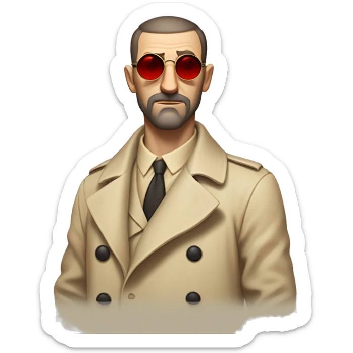 1930s investigator, a Caucasian man with short, buzz cut dark hair and a rough beard, wears tiny red-tinted sunglasses and a dirty beige trench lab coat. He has a serious demeanor. sticker