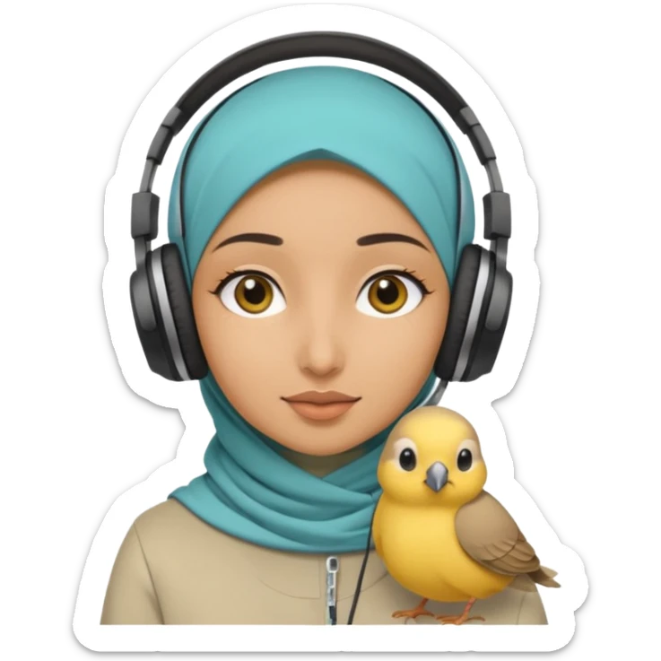 A hijabi girl with a medium skin tone wearing headphones with a small birdie on her head sticker