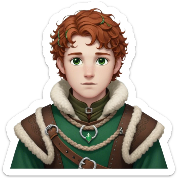 Medieval winter outfit worn by a DnD themed fantasy male character. Rich brown leather-trimmed wool tunic with sheepskin lining, featuring intricate metal buckles at the collar, paired with a heavy braided belt. Clothes only above the waist, full waist coverage. The character has no arms. Character is white-skinned with auburn hair, emerald green eyes, and short curly hair beneath a light dusting of snow. sticker