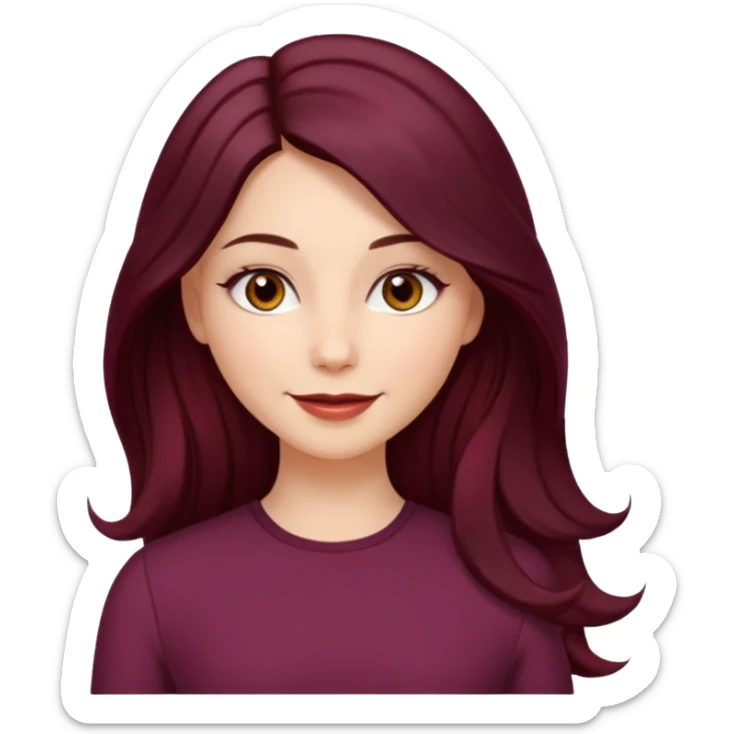 young white woman 
brown almond eyes
Long waist-long hair, center parted
slightly wavy
dark burgundy hair sticker