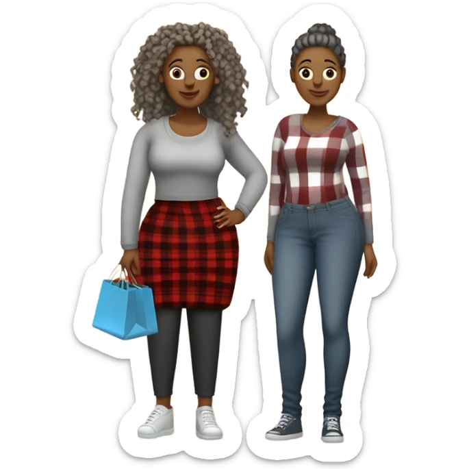 One Curvy woman gray locs in pants with shopping bag.  The other curvy woman is brown with red locs in a skirt with plaid sweater shopping at yard sale sticker