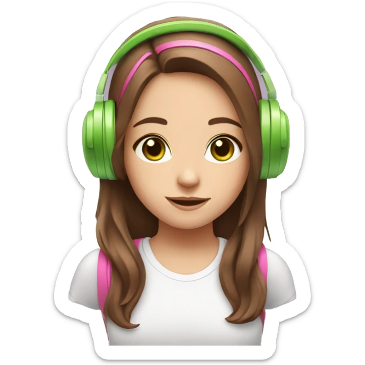 cute girl with brown hair and pink headphones with ears and green eyes sticker