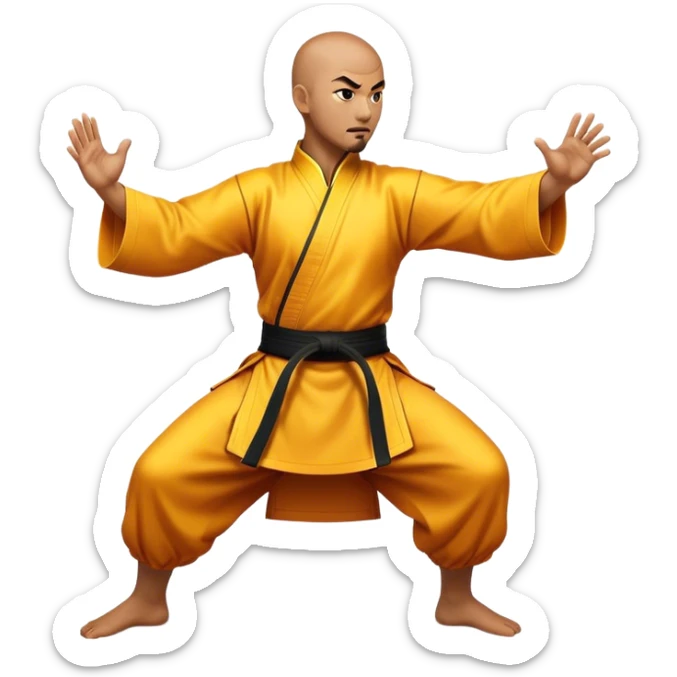 Cinematic Realistic Kung Fu Action Emoji, depicted as an epic martial arts scene with a master executing a precise move in traditional attire, rendered with fluid motion and vibrant textures under dramatic high-contrast lighting. sticker