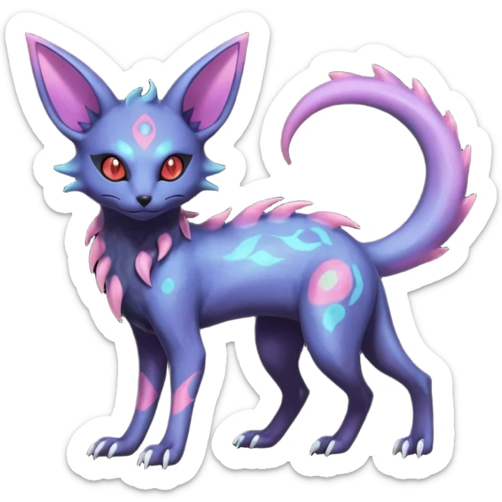 Rare epic aesthetic iridescent spooky gloomy colorful Salandit-Zorua-Espeon-Genet-species-Fakemon-hybrid-creature, with markings, full body sticker