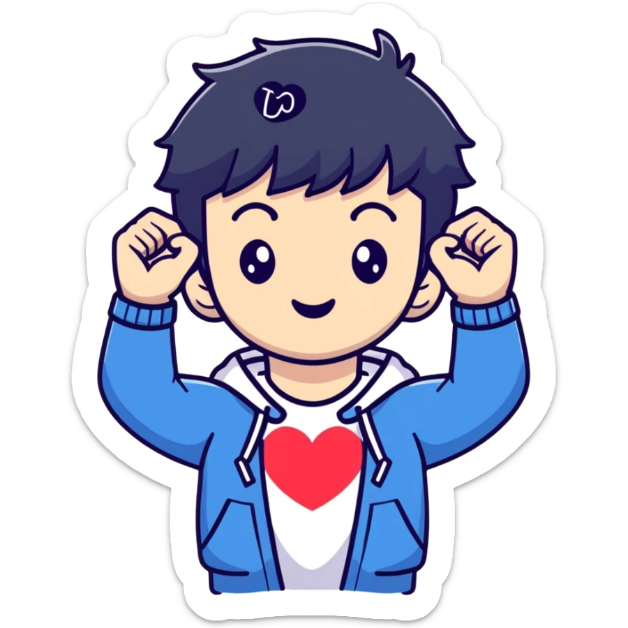 Black-haired male idol making a heart shape with his arms above his head, K-pop style sticker