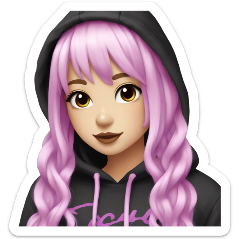 hime gyaru girl, long straight pink and purple hair, dark makeup, black and white hoodie sticker