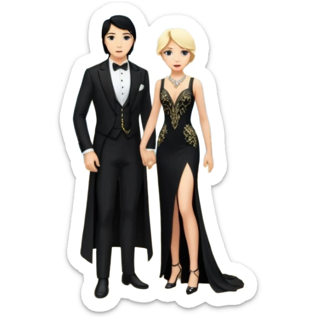 Blonde woman, black, Long, tight, sleveless Dress, Slot left Leg, man, black Hair, in Dinner jacket, Background ballroom sticker