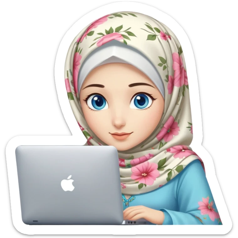 Turkish beautiful finish Konya girl blue eyes and light floral hijab and dress and she work on office with computer sticker