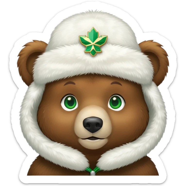 Adorable brown bear with green eyes, white furry ushanka with clear Russian Federation emblem centered on front, minimalist iOS emoji style sticker