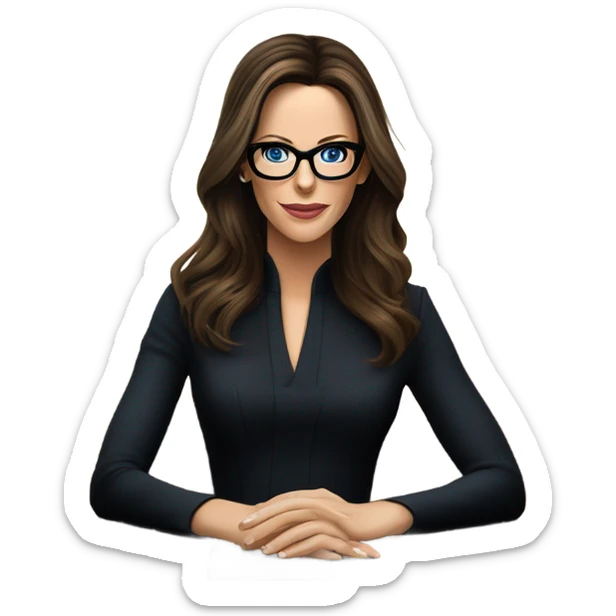 Hyper Realistic photo Kate Beckinsale blue eyes wearing glasses in a business meeting black dress sticker
