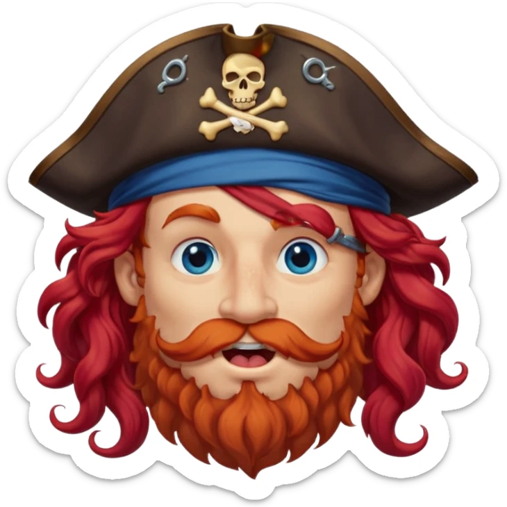 pirate with long curly red hair, blue eyes, strong nose and a chin dimple winking and licking his mouth seductively, no facial hair sticker
