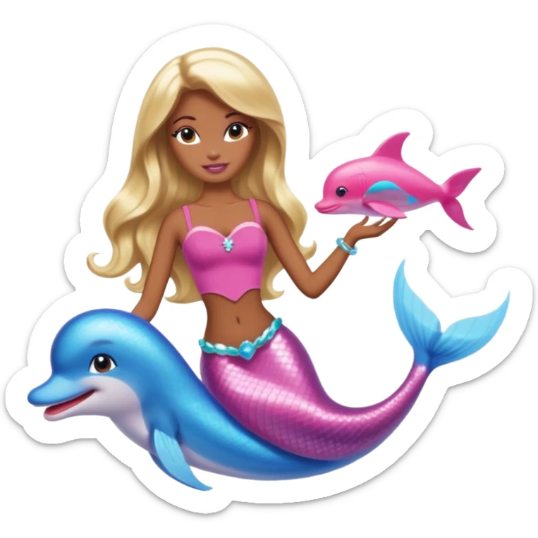 Brown skin blonde hair barbie mermaid with pink dolphin  sticker