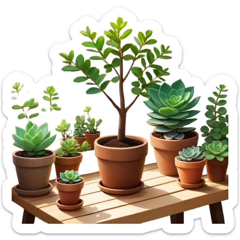 Close-up of a potted sapling in rich soil surrounded by vibrant plants and succulents. Bright sunlight filters through the window, casting soft shadows. Nearby gardening tools rest on a wooden table. Cozy indoor atmosphere with greenery and flowers. sticker