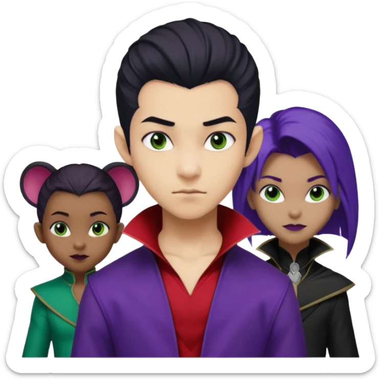 Solo poly platonic relationship, one African girl, one Asian boy, one biracial features Asian tomboy girl rat-tail hair long and upper masculine hair 90s, vampire and marvel cosplay elements inspired  use marvel race, like instead of obvious human, green purple blue etc,  sticker