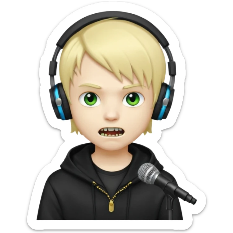 boy vampire whit blonde emo hair and eyes blue and GREEN SKIN and heandphones black AND A MICROFONE AND GOLD TEETH and agesive face and the hoodie black  sticker