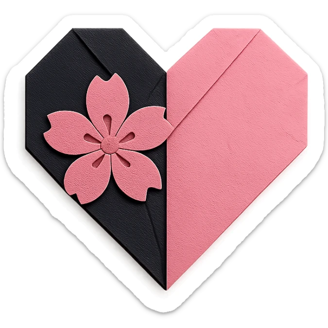 goth sakura heart, origami paper folds, black and pink, crafty and minimal sticker