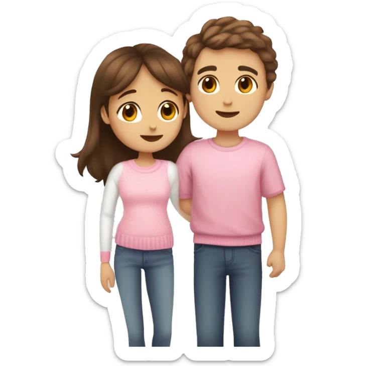 a boy with brown hair kisses a girl with brown hair and white bangs on the cheek, the girl is wearing a pink sweater and the boy is wearing a white T-shirt sticker