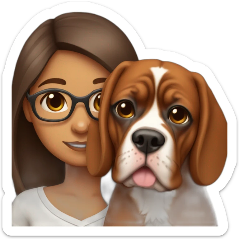 indian girl with long hair in specs with french mastiff on her lap sticker