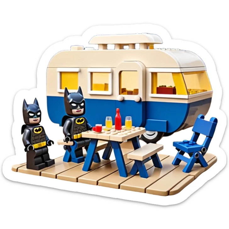  Ultra cute futuristic Lego Haunted Batman and Catwoman dream house Caravan with picnic table and folding chairs alone at romantic night  sticker